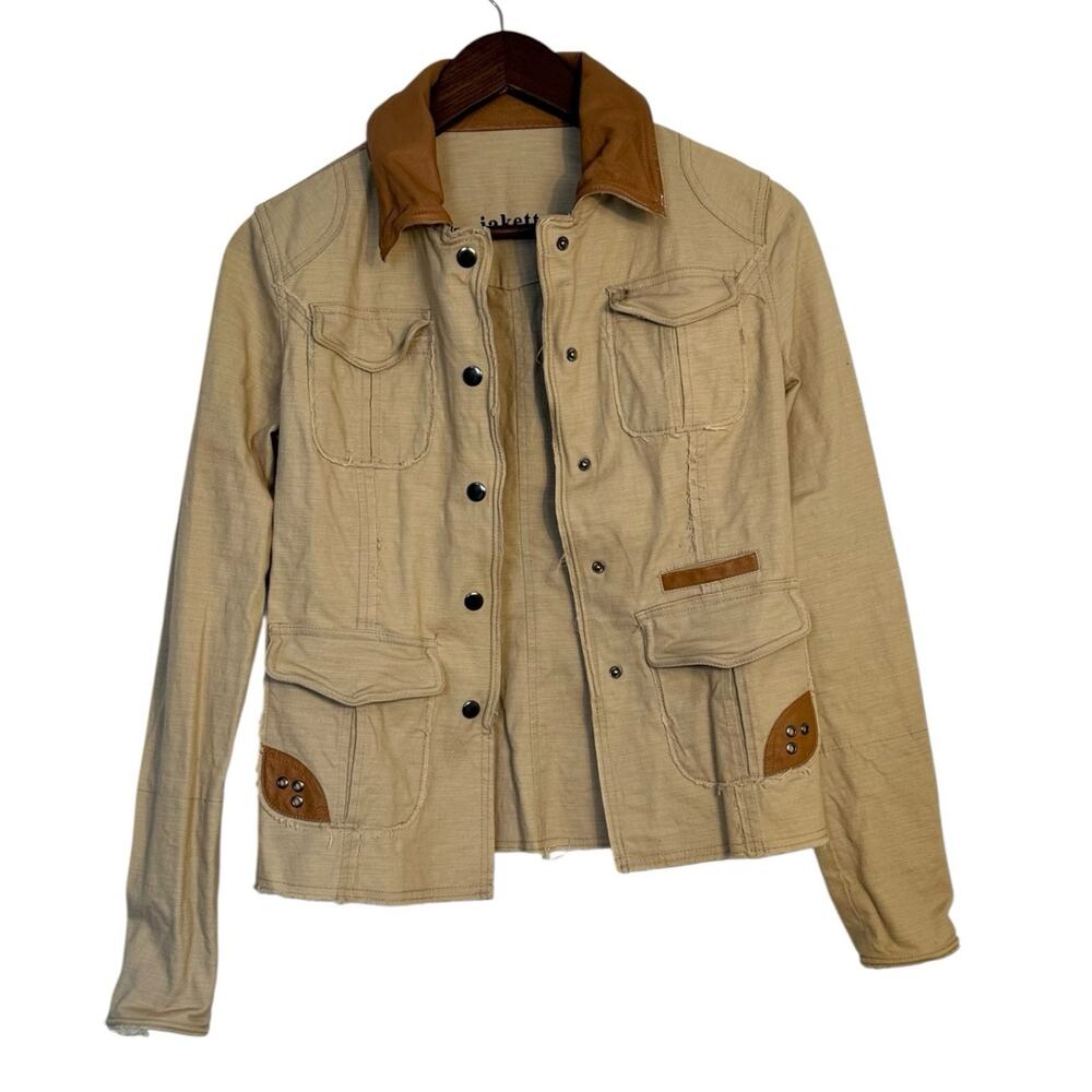 Jakett New York Khaki Utility Jacket Leather Trim Women’s XS Snap Button - Picture 2 of 10